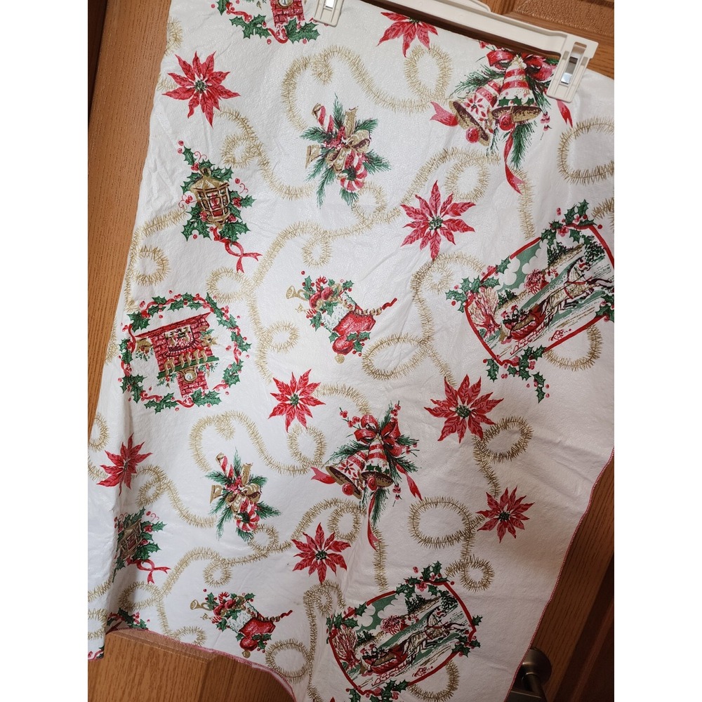 Plastic Christmas Table Cloth Size 66"X 52" Soft Backing Gold Tinsel Poinsettas